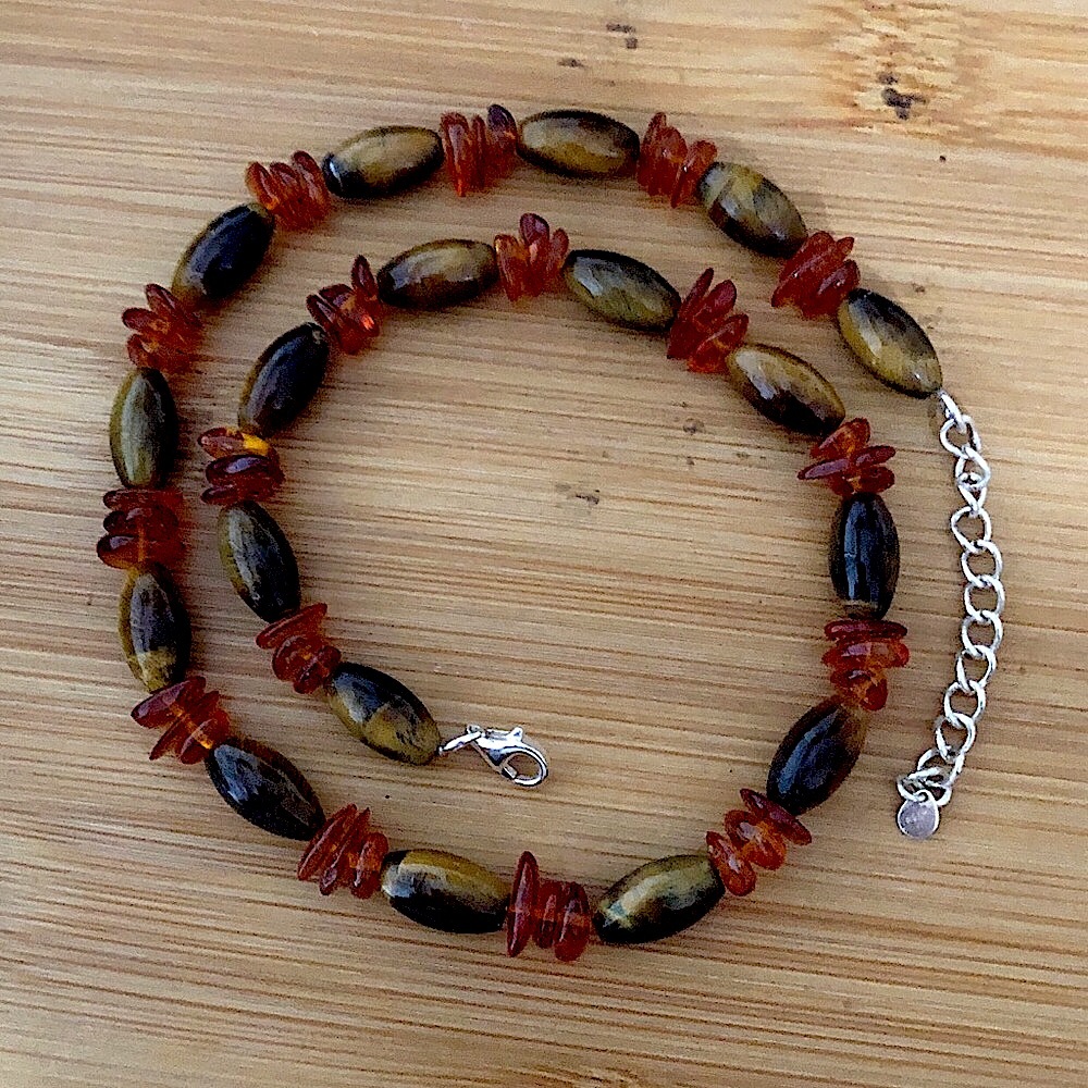 $82 Designer Amber and Tiger Eye Estate Necklace Sterling  Marked GSJ 925 China